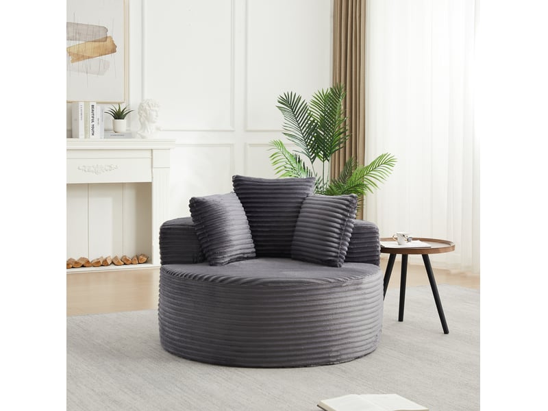  Fauteuil rond modenvie 1 place en velours côtelé gris, diamètre 110 cm, 3 coussins, mousse et ressorts  - Conforama E