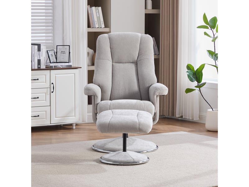  Fauteuil relax pivotant en tissu chenille gris clair, dossier 145°, repose-pieds, base métal, pour lecture et télévision  - Conforama B