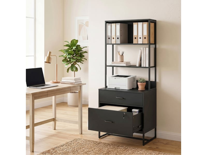  Classeur à tiroirs, armoire de rangement verrouillable avec étagère pour formats a4, lettre et légal, noir  - Conforama B