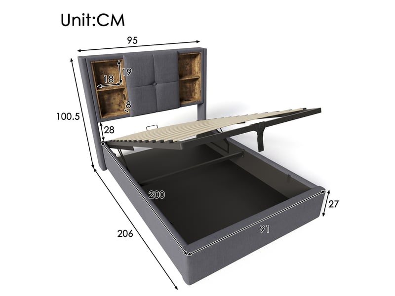  Lit simple 90x200 cm avec usb-c, lit enfant avec sommier à lattes en bois, lit 1 personne avec matelas, gris  - Conforama D