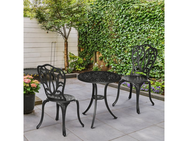  Ensemble salon de jardin 2 places 2 chaises + table ronde style charme rétro en fonte d'aluminium, noir  - Conforama D