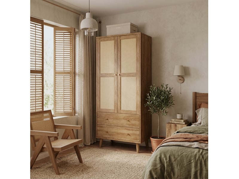  Armoire 80x50x180 cm avec 2 tiroirs et 2 portes en mdf, couleur bois foncé, design naturel, design effet rotin  - Conforama B