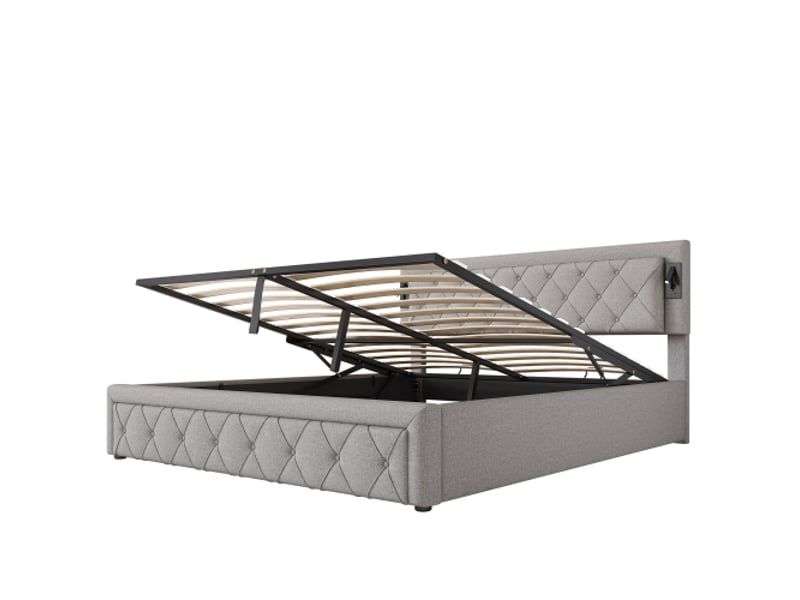 Lit capitonné 180x200 cm led et usb, sommier bois, tête de lit à losanges, coffre de rangement hydraulique, lin gris - Conforama A