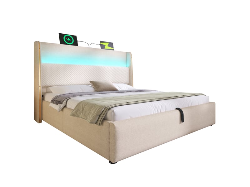  Elvmi lit coffre hydraulique avec grand tête de lit capitonnée effet lin, led intégrée, station de charge usbtype-c, rangement sous le lit, matelas 180x200 cm inclus, coloris beige  - Conforama D