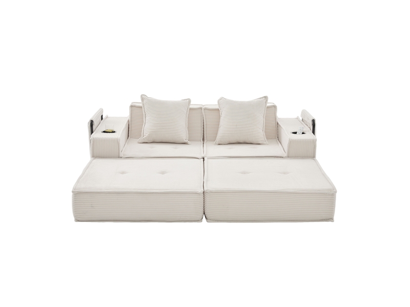 Canapé-lit modulaire ulevr 2 places avec poches latérales, velours côtelé beige, 162 x 78 x 66 cm, 2 coussins et porte-gobelets - Conforama A