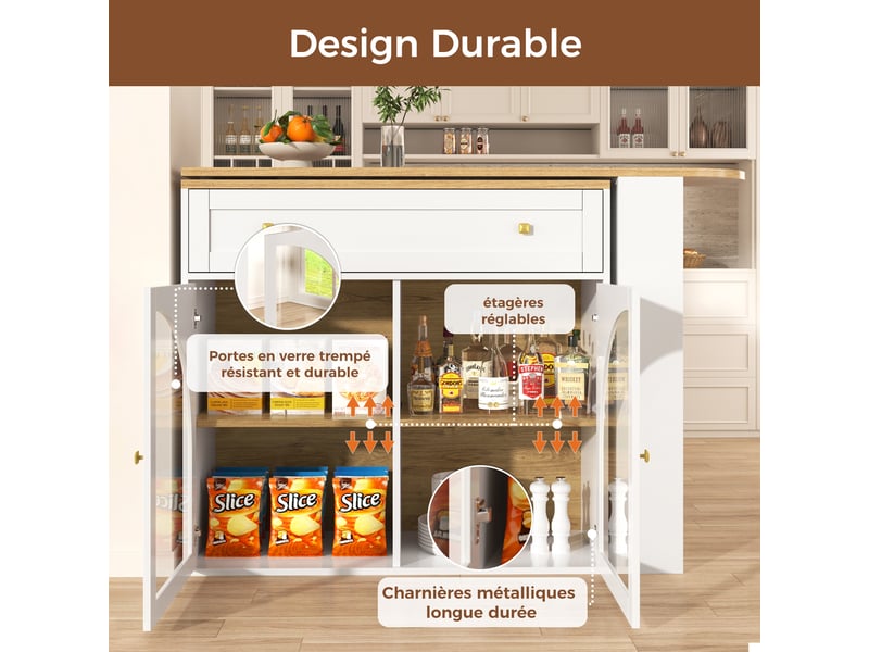  Meuble de cuisine muvano, table de bar extensible de 138 à 204 cm, blanche avec rangement  - Conforama R