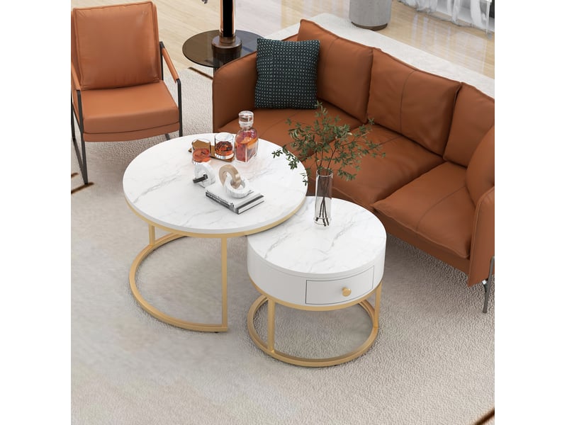 Lot de 2 tables basses rondes gigognes en mdf effet marbre blanc brillant - Conforama D