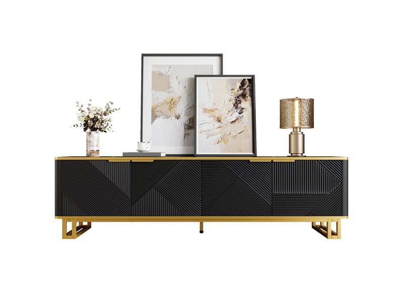  Meuble tv bas 160 x 37,5 x 48 cm à 4 portes géométriques, mdf noir et doré  - Conforama A