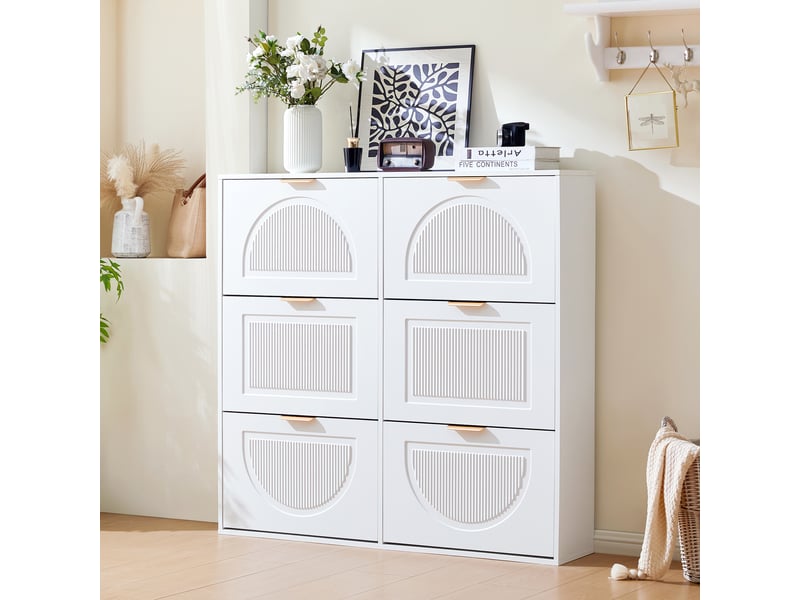 Meuble à chaussures blanc 118x115x25 cm, meuble de rangement entrée avec 6 portes pliantes, structure mdf - Conforama W