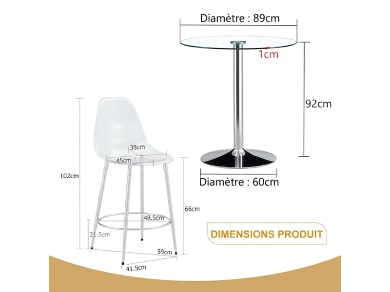  Ensemble table ronde ø89 cm et 2 tabourets transparents, verre et structure métal argenté  - Conforama C