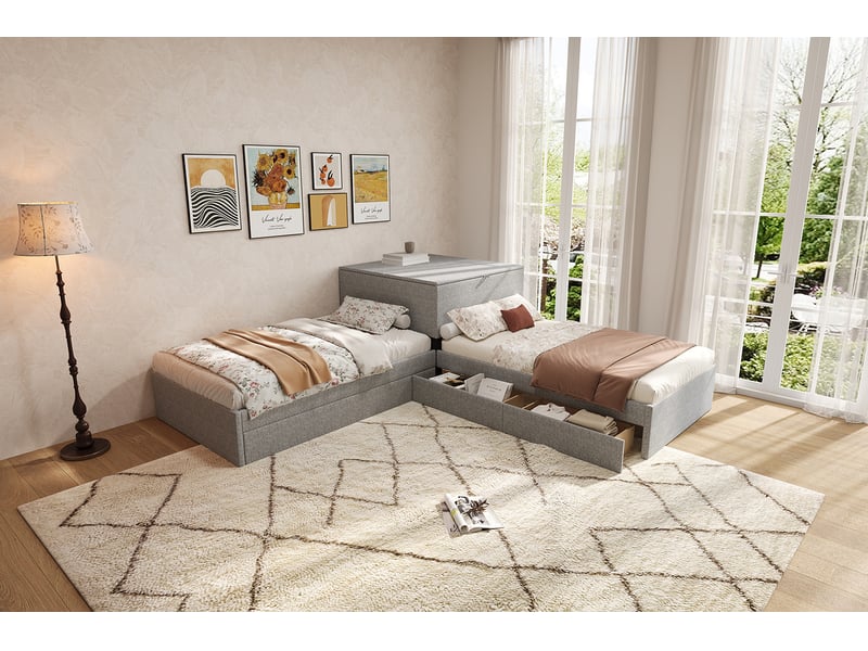  Lit enfant d’angle 90x200 cm en lin gris avec lit gigogne et rangements  - Conforama R