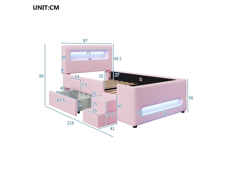  Modenvie lit enfant 90x200 cm - avec tiroir de rangement, éclairage led et escalier - pour chambre d'enfant - rose  - Conforama C