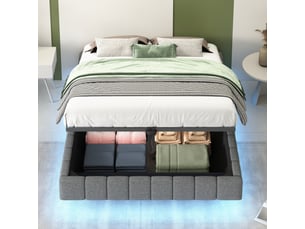 Lit coffre 140 × 200 cm 2 places avec led réglable et rangement, sans matelas, rembourré en tissu gris