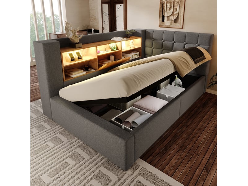  Modenvie lit coffre 90x200 cm - led, rangement hydraulique, usb et usb-c, matelas inclus - gris  - Conforama D