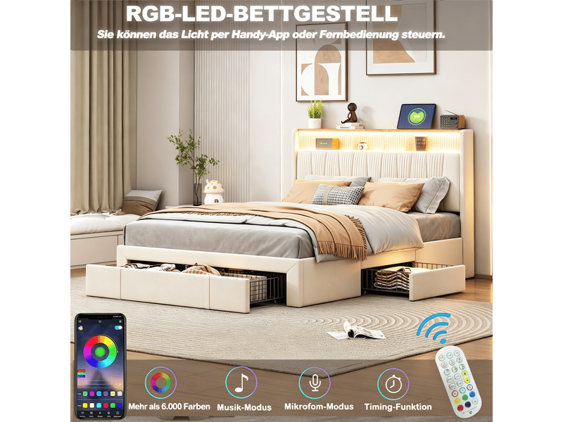  Structure de lit,antibou,140x190 cm,led,avec 4 tiroirs,tissu en lin,cadre de lit 140x190 cm,beige  - Conforama E