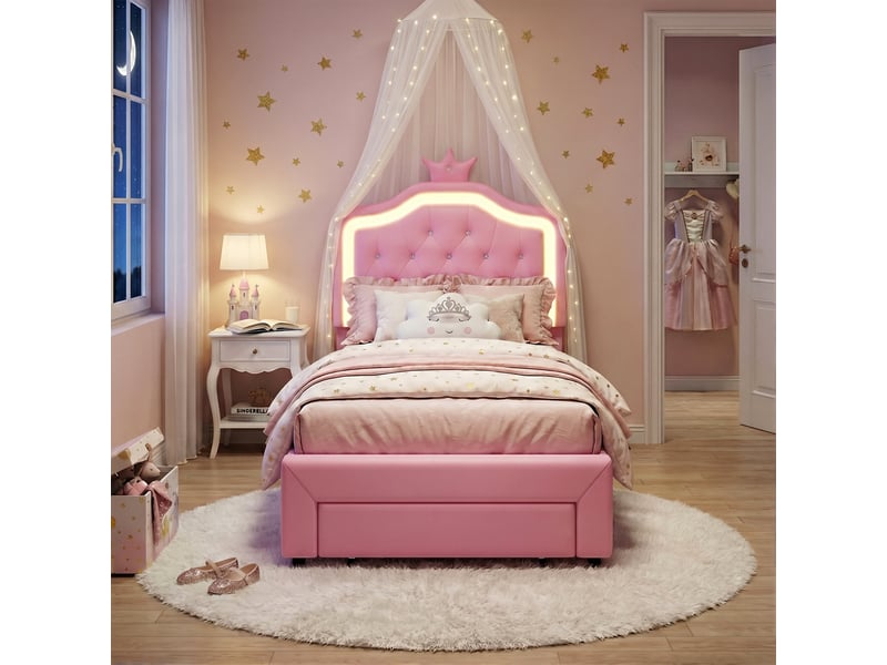 Dreammespace lit enfant 90x200 cm - lit capitonnée couronne led avec 1 tiroir & hauteur réglable, cuir pu rose 240129YTT0103#ADcFJ8N7DEHWLY - Conforama C