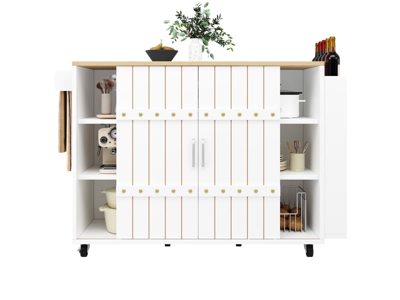  Desserte de cuisine avec 2 portes coulissantes, 3 tiroirs, plateau rabattable et roulettes pour cuisine, 110×42×90 cm  - Conforama A