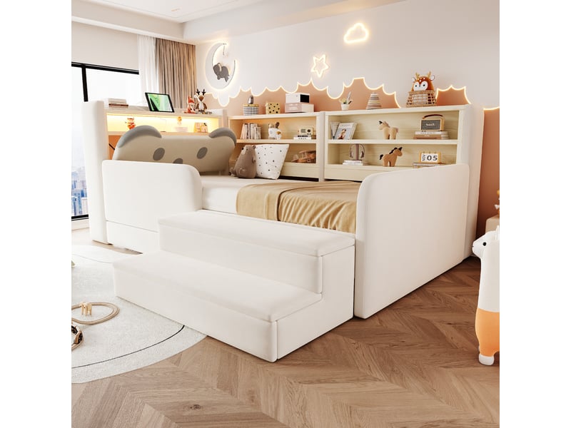  Lit enfant rembourré 90x200 cm, lit avec rangement, led et usb, tête de lit ours avec étagères, tiroir et repose-pieds amovible, velours beige  - Conforama C