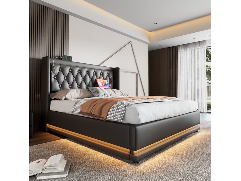  Lit coffre double 140 x 200 cm noir en pu avec matelas, led et ports usbusb-c  - Conforama B