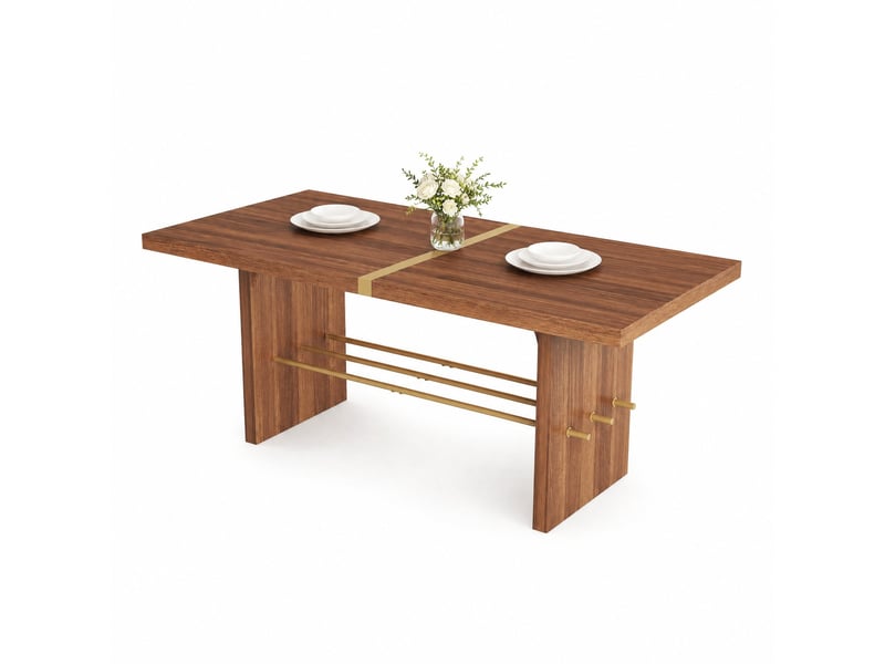  Table à manger 180x75x75 cm mdf coloris noyer et doré, 6 à 8 personnes  - Conforama A