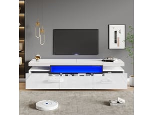 Meuble tv 160x40x40, blanc brillant avec éclairage led 16 couleurs, espace tv 70 3 tiroirs meuble tv rangement