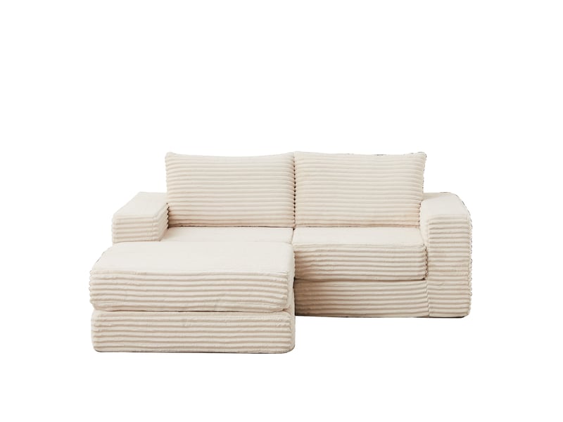  1canapé modulable 2-en-1 en velours côtelé avec pouf amovible – 2 coussins inclus, 74×194×169.5 cm, beige  - Conforama A