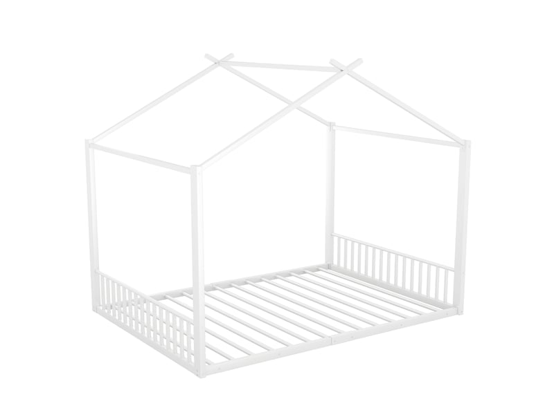  Lit enfant rembourré 140x200 cm en métal blanc, design maison, cadre de lit avec tête de lit, sans matelas  - Conforama E