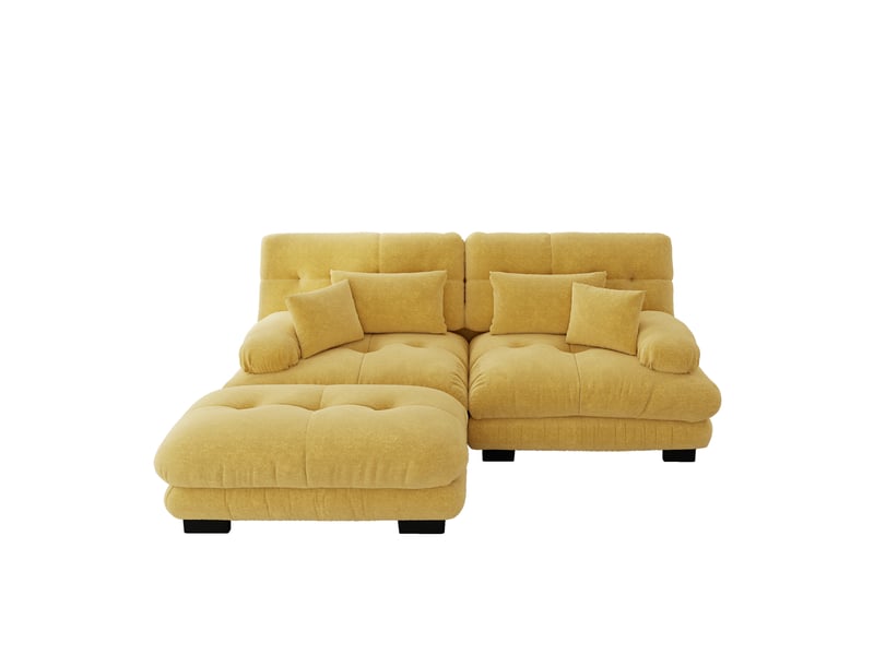 Canapé d'angle, canapé 2 places – en chenille, avec pouf, jaune, coussins inclus, style cloud, larges accoudoirs - Conforama E