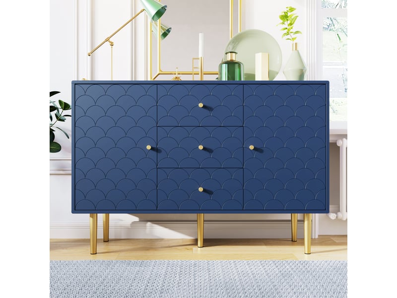  Buffet 120 x 40 x 83 cm 2 portes 3 tiroirs motif écailles, étagère réglable, panneau de particules + métal, bleu marine  - Conforama B
