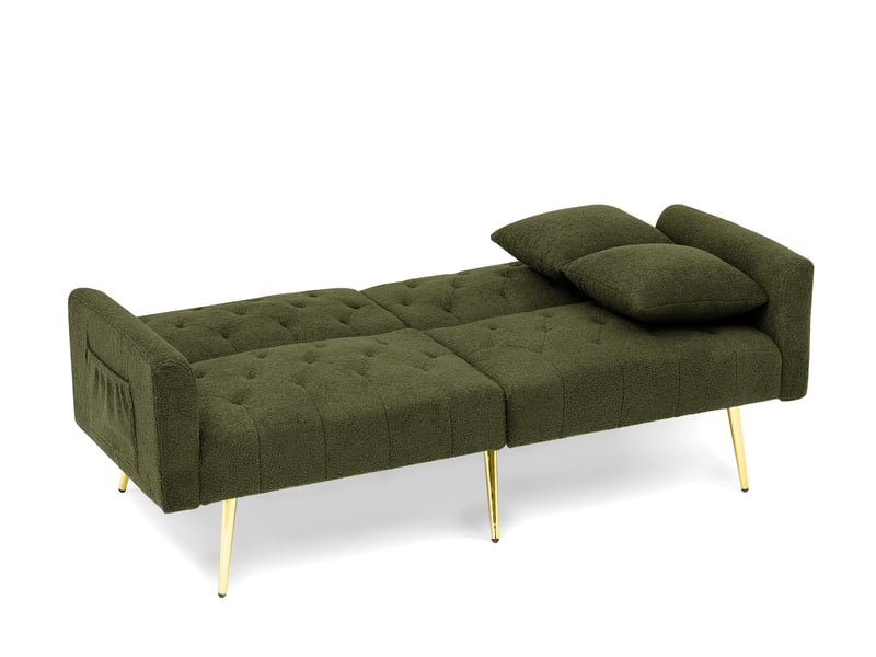 Canapé 2 places convertible 177x78x74 cm vert, tissu bouclette, dossier réglable 3 positions, pieds métal doré - Conforama E