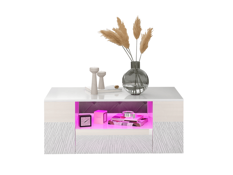  Table basse 95 x 53 x 37 cm blanc – 2 tiroirs, 2 niches, led usb, surface brillante, style moderne  - Conforama A