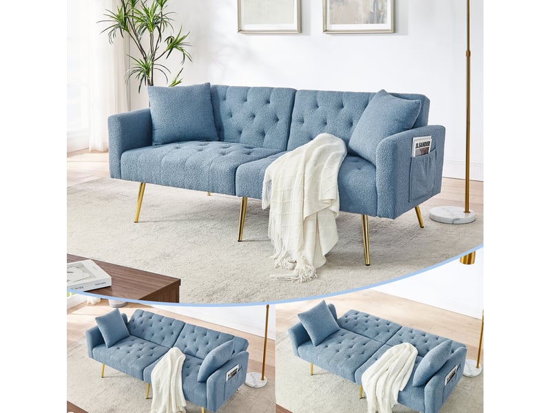  Canapé droit 2 places 177x78x74 cm, 2 coussins, dossier inclinable 3 positions, pieds métal, teddy bouclette bleu  - Conforama C