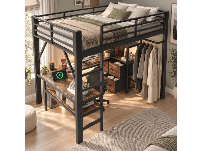  Lit mezzanine 140 x 200 cm - avec prise de courant et lumière led - avec bureau d'angle et espace de rangement - noir (matelas non inclus)  - Conforama D
