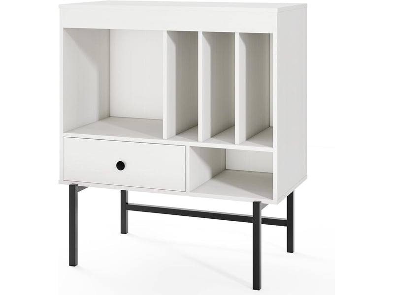 Meuble platine vinyle 3 niveaux pour albums, support de tourne-disques avec tiroir, compartiments ouverts, pour vinyles pour salon, studio (blanc)  - Conforama C
