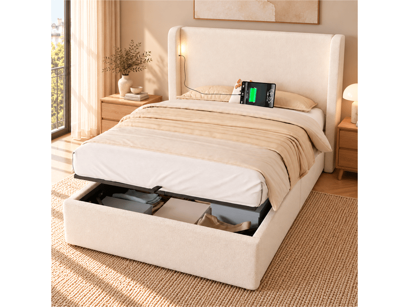 Lit coffre enfant en tissu bouclé 90x200 cm avec rangement hydraulique, sommier à lattes, tête de lit et led, avec ports usb et usb-c - beige - Conforama B