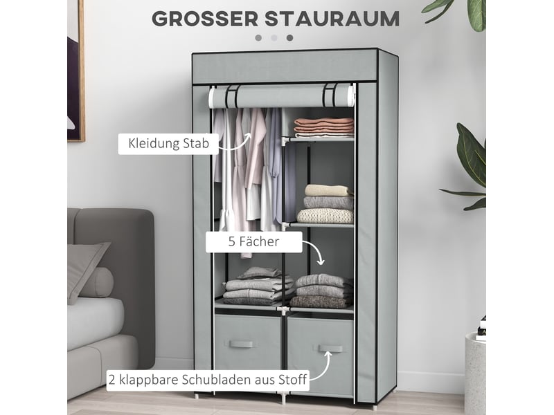  Armoire penderie portable en tissu avec 5 compartiments et 2 tiroirs gris clair  - Conforama D