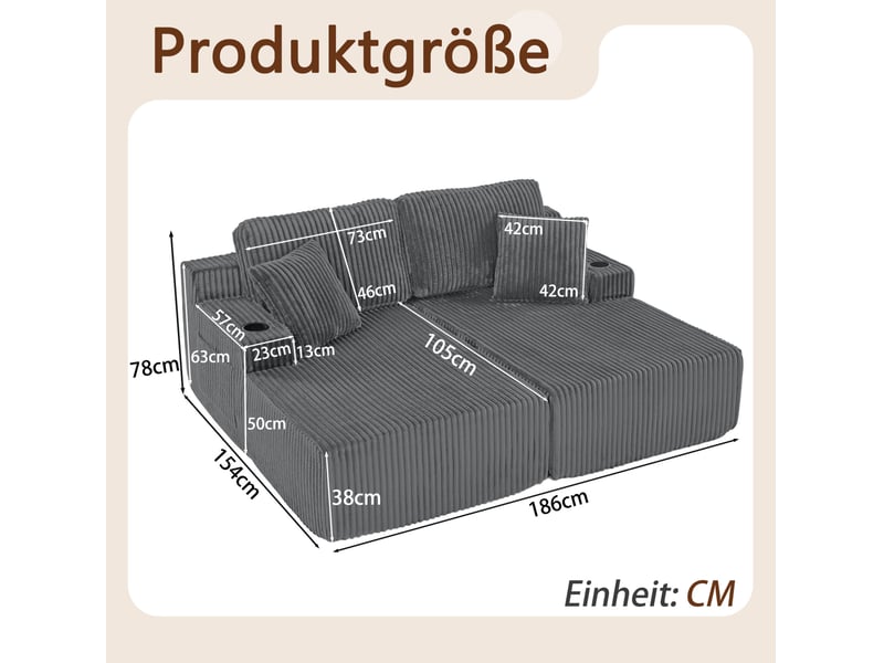  Canapé convertible 2 places en tissu côtelé gris avec poche latérale, porte-gobelet et coussins  - Conforama E
