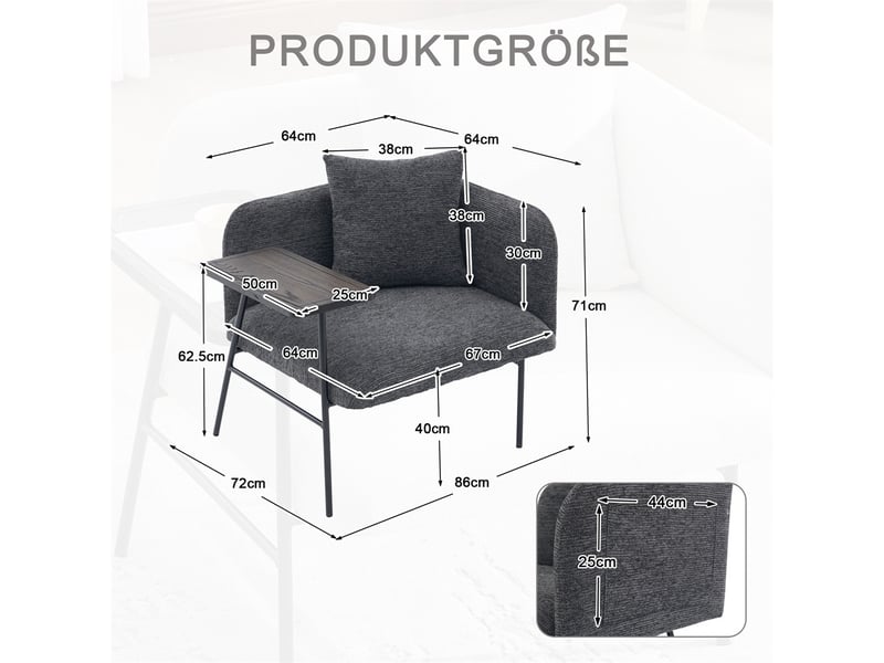  Fauteuil de salon moderne avec table d'appoint - 86x72x71cm - design avec poches de rangement et cadre métal - gris foncé  - Conforama E