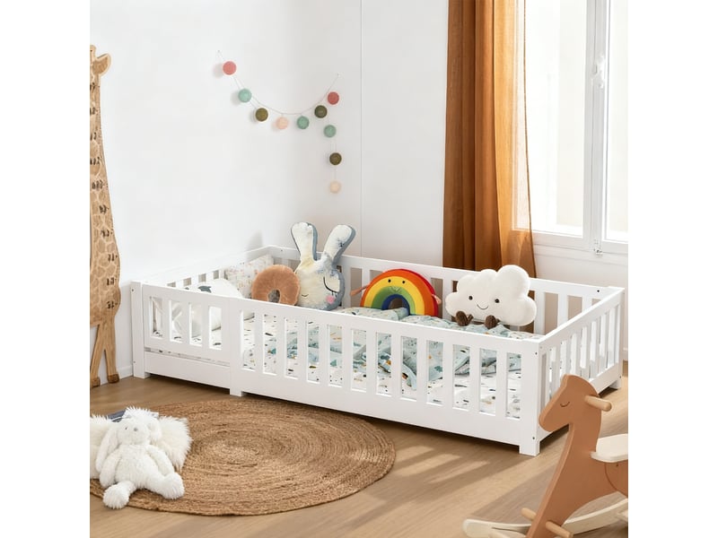 Lit enfant - cadre de lit au sol - 90 x 200 cm - bois de pin massif - avec barrière de sécurité et porte - lit au sol enfant 90x200 cm - lit simple avec sommier à lattes - protection contre les chutes - lit au sol pour enfant -… - Conforama B