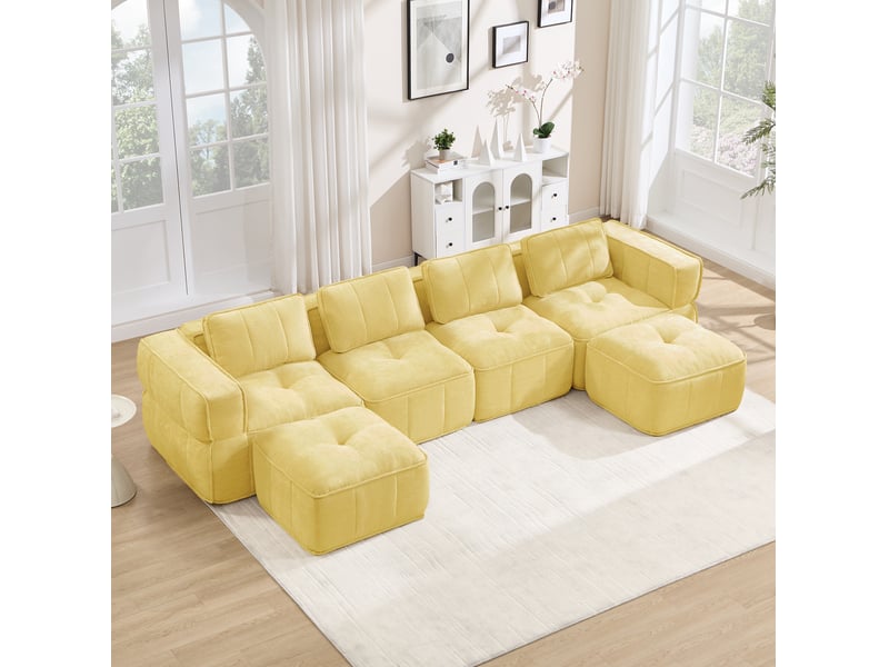 Canapé panoramique en u modulable 4 places avec 2 poufs, mousse 32d et base antidérapante en polyester jaune - Conforama D