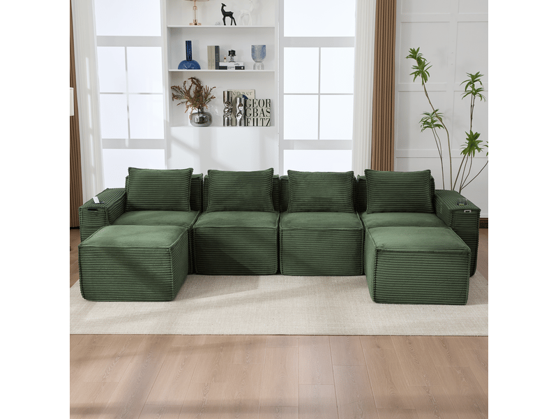  Canapé modulable vert 4 places en velours côtelé avec deux poufs, ressorts et mousse haute densité, pour salon contemporain  - Conforama W