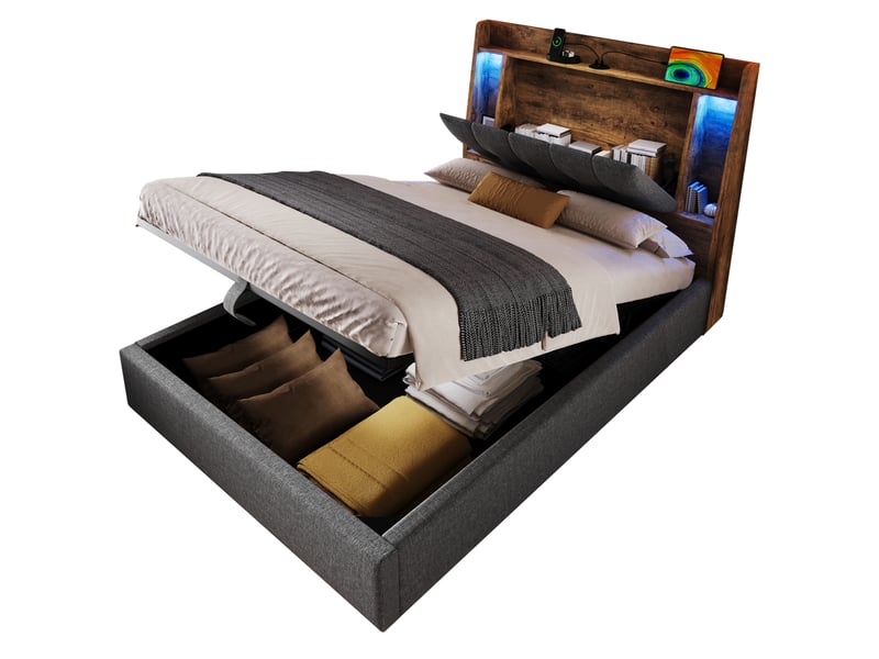 Lit enfant coffre 90 x 200 cm tête rangement pliable led multicolore ports usb‑c linmdf gris sans matelas - Conforama D