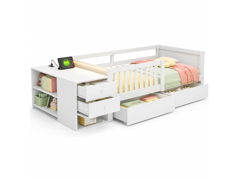  Lit mezzanine enfant modenvie 90 x 200 cm avec rangement, bureau, prise électrique et led, blanc  - Conforama A