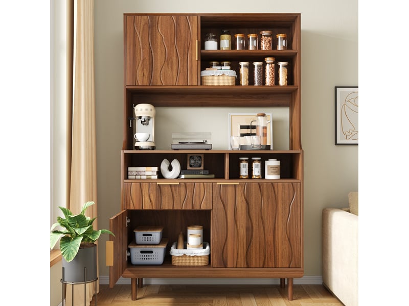  Buffet haut 100 x 32 x 170 cm – coloris noyer – rangement ouvert, fermé et tiroir – style moderne  - Conforama B
