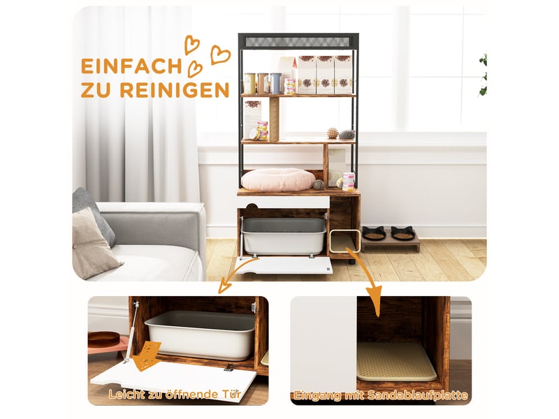  Meuble litière 2-en-1 80 x 48 x 152 cm – marron rustique – étagère 3 niveaux et griffoir intégré  - Conforama E