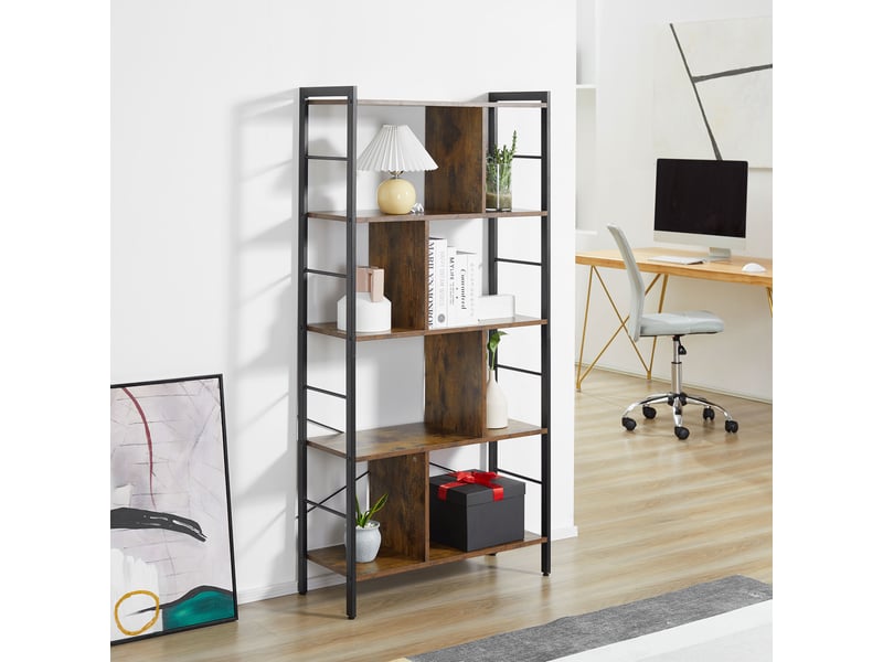  Bibliothèque industrielle à 5 niveaux avec compartiments ouverts, idéale pour le bureau, le salon et la chambre, coloris marron rustique et noir.  - Conforama D