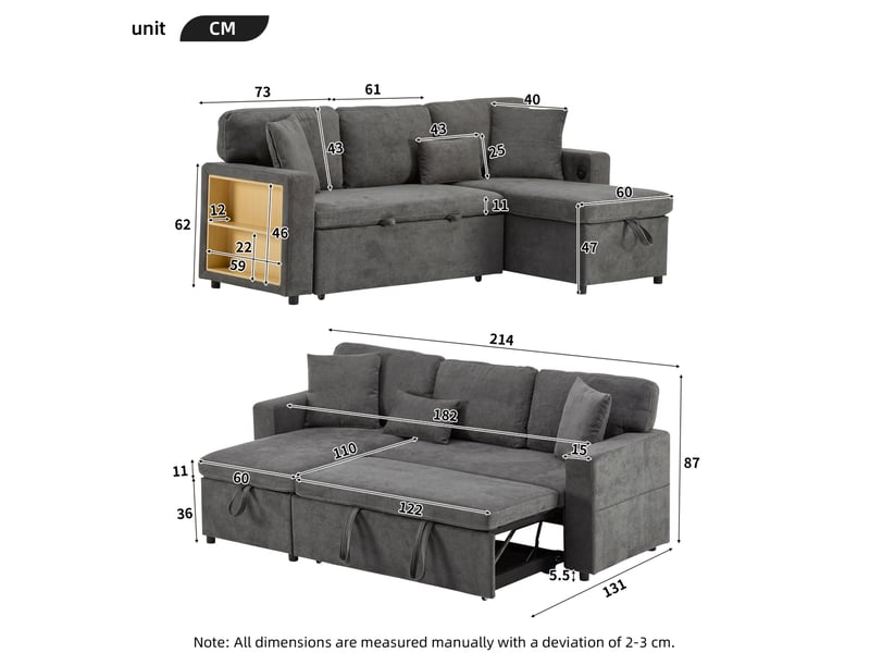  Canapé d'angle convertible modenvie 4 places avec rangement et usb 214 x 131 x 87 cm gris foncé  - Conforama C