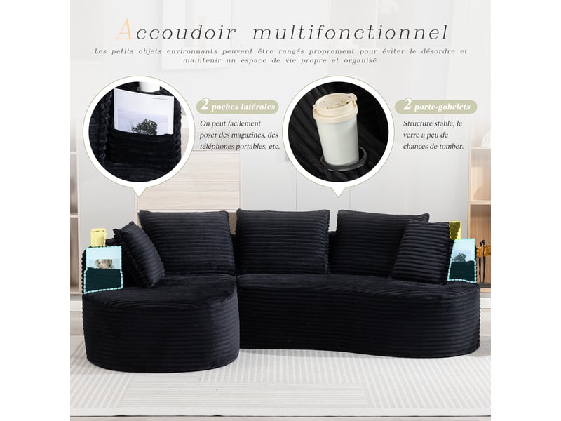  Canapé d’angle fixe panoramique noir en velours côtelé 250x152x82 cm, 4 places, porte-gobelets et poches, salon 250x152x82cm - Conforama E