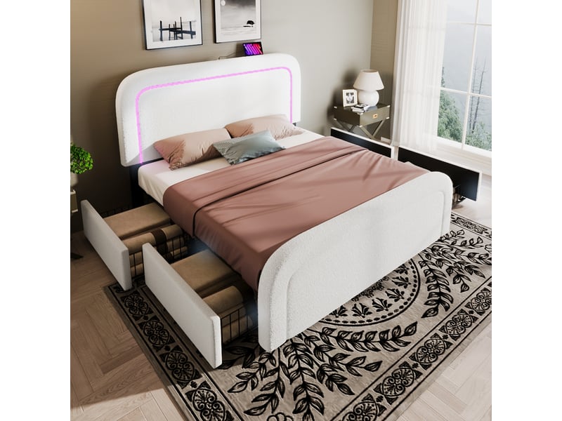  Lit tapissier 160x200 cm en sherpa avec usb type-c, led, 4 tiroirs, sommier et matelas blanc chicfurn  - Conforama D