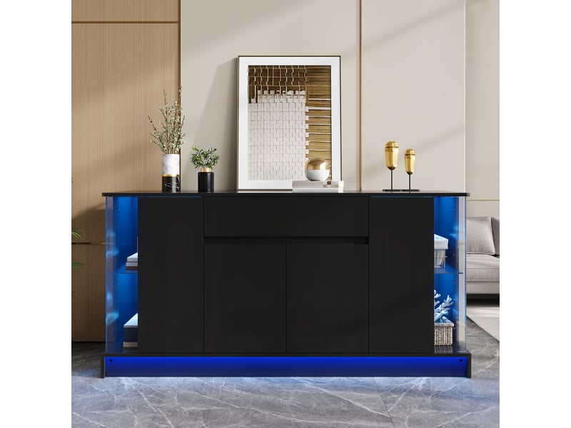Buffet vitrine 150x40x75cm double porte, tiroir, éclairage led piloté par appli et espace de présentation, façades brillantes, panneaux de particules,noir evarich - Conforama B